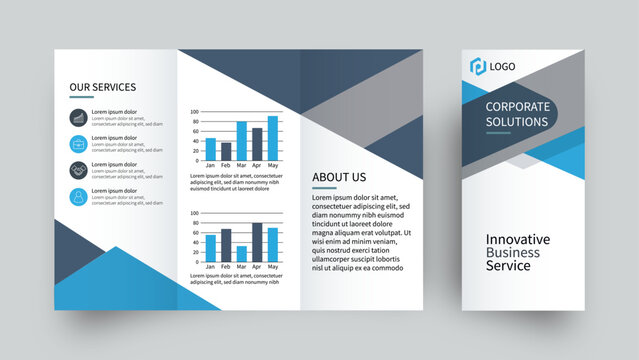 Business trifold brochure mockup, Minimalist blue, white and gray geometric vector design