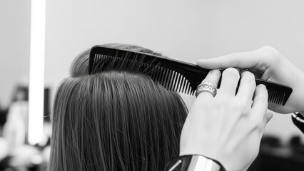 Combing hair, stylist hand. B&W. Close-up. Soft focus