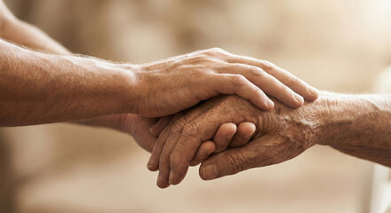 Close up of young hand holding and comforting elderly hand. Senior care and family support concept.