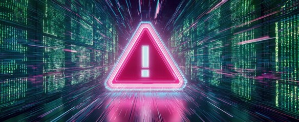 The Warning Triangle Alert in a Futuristic Neon Cyber Matrix Data Stream
