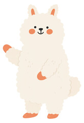 Obraz premium Cute fluffy white alpaca cartoon character waving isolated on transparent background.