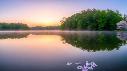Serene Sunrise Over Misty Lake with Blooming Cherry Blossoms.