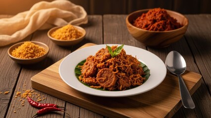 Indonesian rendang dish plated with spices on a wooden surface