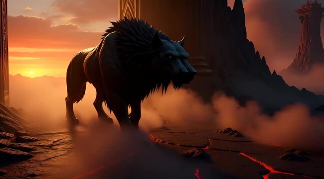 Mythical Lion King Walking Through Fiery Lava Landscape at Sunset