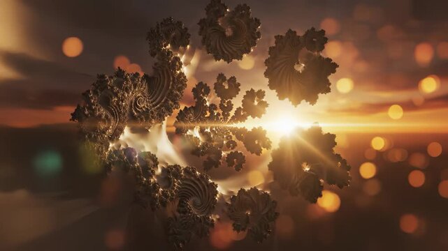 Fractal patterns emerge against a backdrop of a glowing sunset, creating an intricate and mesmerizing scene. The fractals and sunset illustrate a beautiful harmony of colors and shapes.