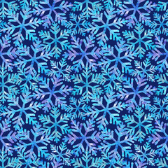 Watercolor snowflakes seamless pattern. Abstract hand painted winter print. Monochrome blue snowflakes. Frosty design for seasonal textile, fabric, packaging