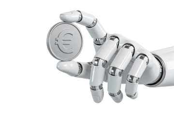 Robotic hand holding a euro coin, isolated on transparent background. Financial technology and AI economy concept icon for fintech apps, digital payments, automation, investment, and future money