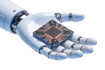 Robotic hand holding a microchip, isolated on transparent background. Advanced AI computing and semiconductor concept icon for data technology, engineering, automation, and futuristic digital infrastr