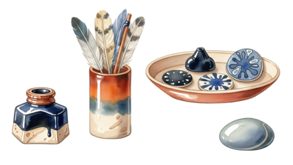 A collection of pottery and writing utensils on a plain surface, showcasing craftsmanship and artistic expression through various ceramic and writing tools.