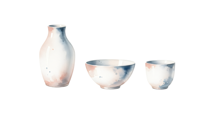 Ceramic tableware set with vase and bowls displayed on a white background from a front view