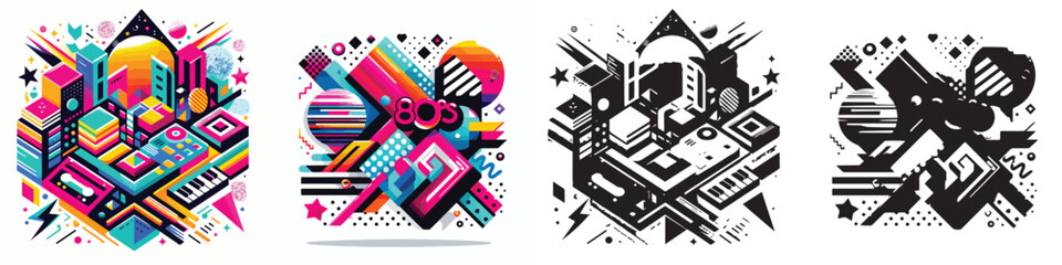 80s retro style vector set illustration and silhouette on white background.