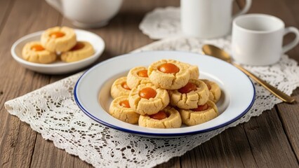 Thumbprint cookies on plate, doily on wood. Warm, inviting