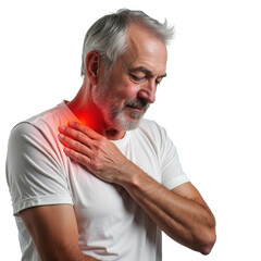 Obraz premium Elderly man experiencing shoulder pain while smiling, showcasing a relaxed mood in a neutral setting. on transparent background