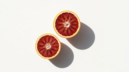 Two halves of blood orange with unique texture on white