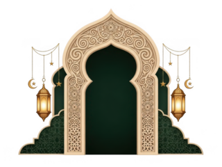 Intricate islamic archway with hanging lanterns isolated on transparent background