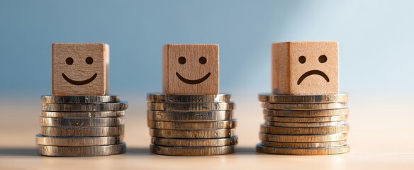 The wooden blocks on coin stacks showing happy and sad financial emotions