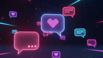 Neon chat bubbles with heart symbol on dark digital background