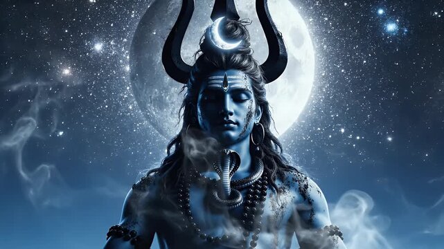 Lord Shiva trident silhouette background with crescent moon glow and twilight blue to silver gradient