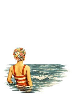 Surreale Illustration einer Frau im Wasser mit Blumen Badekappe
