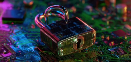 The Padlock on a Circuit Board Symbolizing Digital Security, Encryption, and Data Protection