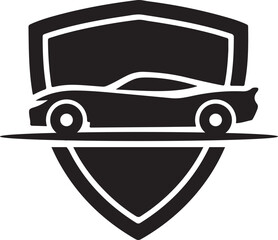 Car maintenance logo with shield and vehicle silhouette vector