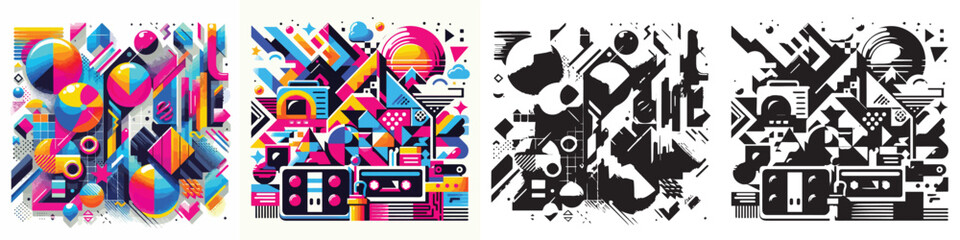 80s retro style vector set illustration and silhouette on white background. © Gusti Aji