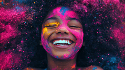 Bright eyed child with curly hair and neon paint smudges smiling joyfully with colorful powder on face and hair in vibrant celebration