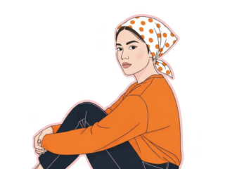 Woman in orange sweater and scarf isolated on transparent background