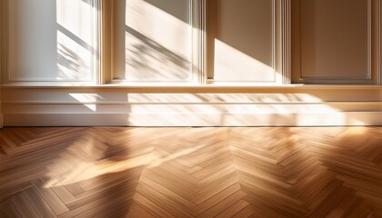 sunlight casting warm shadows on polished wooden parquet floor with decorative wall paneling and white baseboards