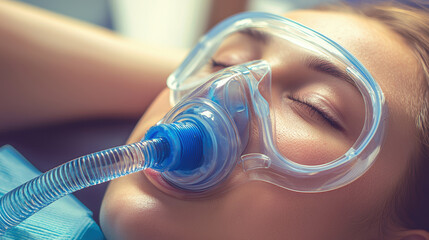 Young woman with closed eyes wearing oxygen mask for breathing support during medical treatment or recovery
