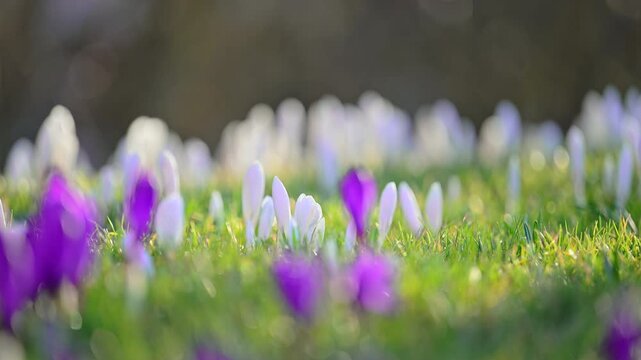 Beautiful white crocuses in spring forest meadow, sunlight and calm nature, 4K slow motion