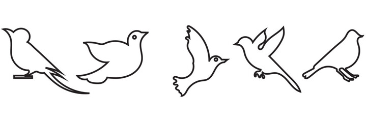 Obraz premium Bird silhouette icons . Collection of black bird silhouettes in various poses, isolated on white background for design, nature, and wildlife themes. 