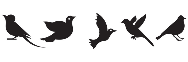 Obraz premium Bird silhouette icons . Collection of black bird silhouettes in various poses, isolated on white background for design, nature, and wildlife themes. 