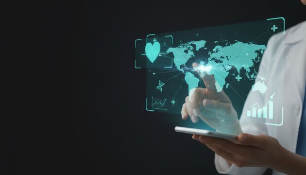 telemedicine global health concept. A person in a lab coat interacts with a digital world map and health icons on a touchscreen interface. - Powered by Adobe