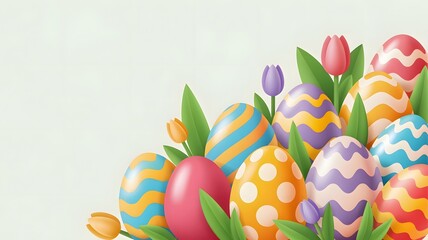 3D digital illustration of patterned Easter eggs and colorful tulips, pastel multicolored, spring holiday celebration with copy space