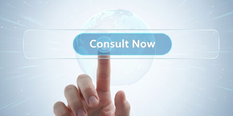 telemedicine global health concept. A hand reaching to click a "Consult Now" button on a digital interface with a globe background.