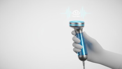 telemedicine global health concept. Hand holding a futuristic device with sound wave graphics and cloud imagery in a minimalistic design.