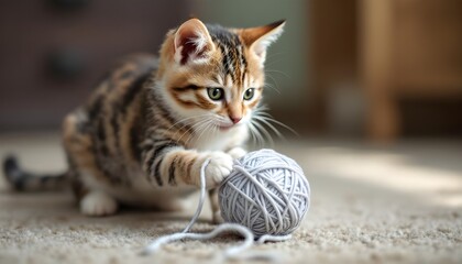 A curious kitten holding and playing with a gray ball of yarn on a textured fabric surface, perfect for pet lifestyle concepts, animal behavior themes, and cozy home settings.