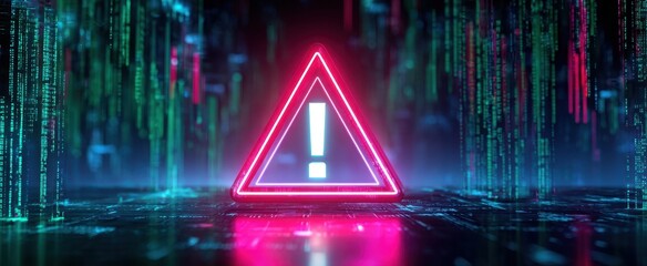 The Warning Triangle Neon Exclamation Mark Alert in Futuristic Cyber Digital Matrix Environment