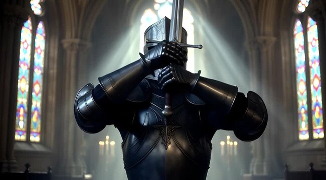 Noble Knight in Shining Armor in Sacred Medieval Cathedral with Stained Glass