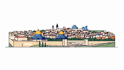 Obraz premium Stylized panoramic view of an ancient Middle Eastern city with historic walls, many buildings, and domes