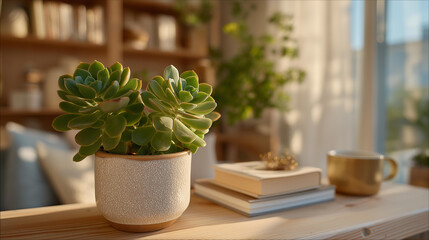 A simplistic yet elegant workspace adorned with succulents and soft lighting, reflecting a minimalist lifestyle that promotes mental clarity and reduces stress during busy work hours. cinematic