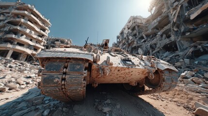 Abandoned Military Tank Surrounded by Destruction in Urban Landscape