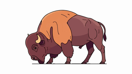 Stylized illustration of a brown bison with a tan mane, head down, on a white background © yoniman