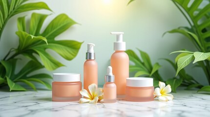 Tropical Skincare Product Mockup  Peach Cosmetic Bottles with Marble and Plumeria Flowers

