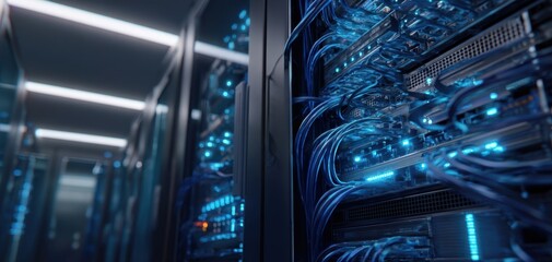 The Server Racks and Network Cables in a Blue Lit Data Center Interior
