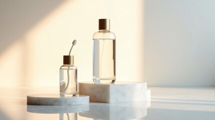 Transparent Cosmetic Bottles on Marble  Minimalist Skincare Product Mockup for Branding and Ads