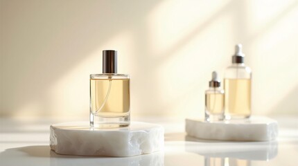 Amber Glass Cosmetic Bottles on Marble  Minimalist Skincare Mockup with Natural Light and Shadows
