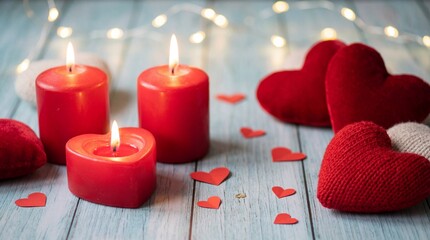 Romantic candles and hearts isolated on white background