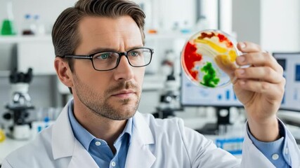 A focused young male scientist in a lab coat examines a colorful petri dish containing bacterial cultures in a modern laboratory setting, showcasing analytical skills and scientific curiosity. - Powered by Adobe